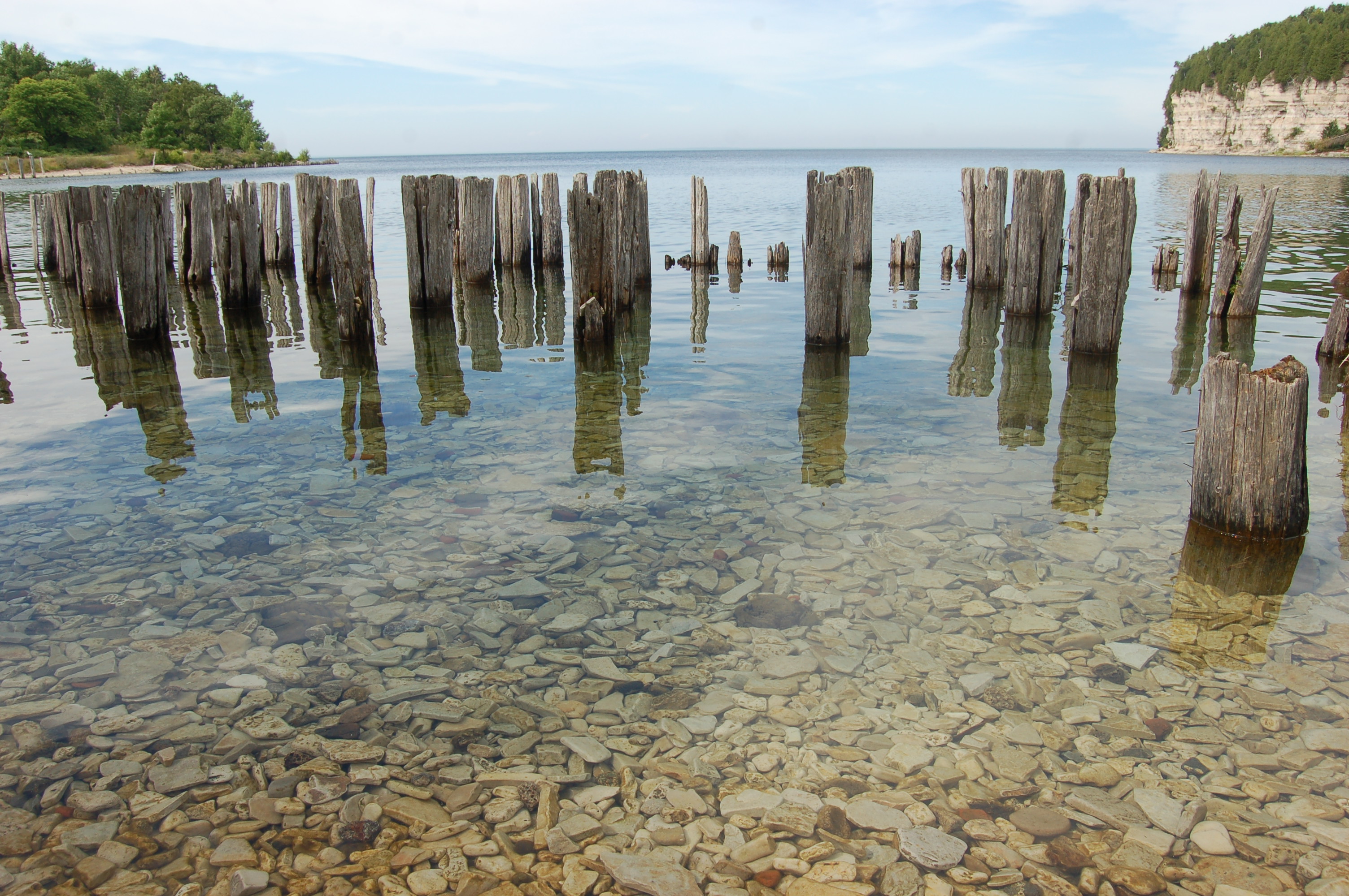 Old dock pilings add to the scenic shoreline