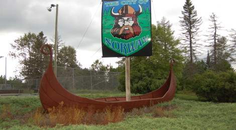 Michigan Roadside Attractions: Viking Ship Welcome Sign in Norway