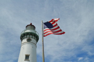 Seul Choix Point Lighthouse American Flag Michigan