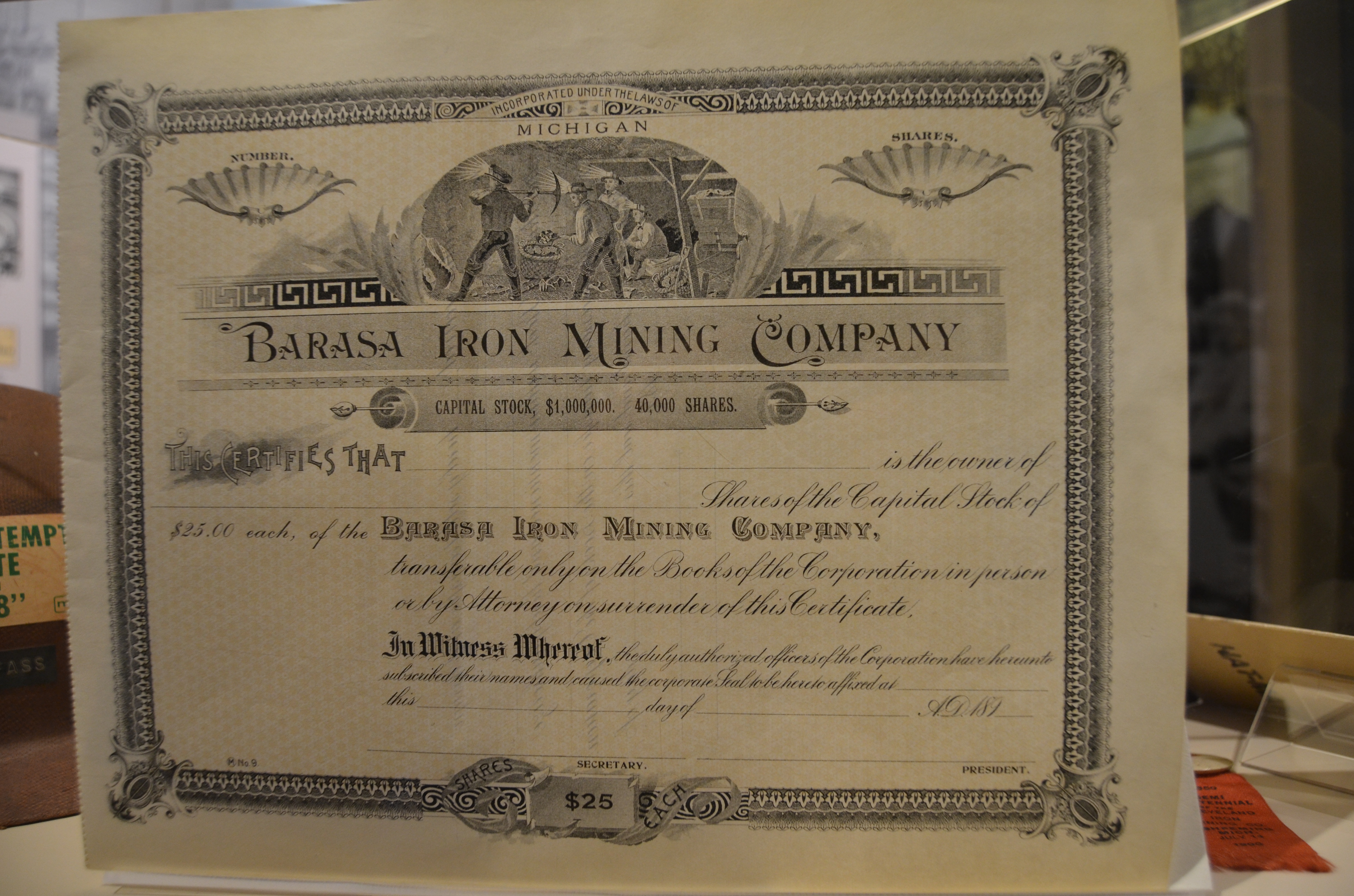 Michigan Iron Industry Museum Stock Certificate
