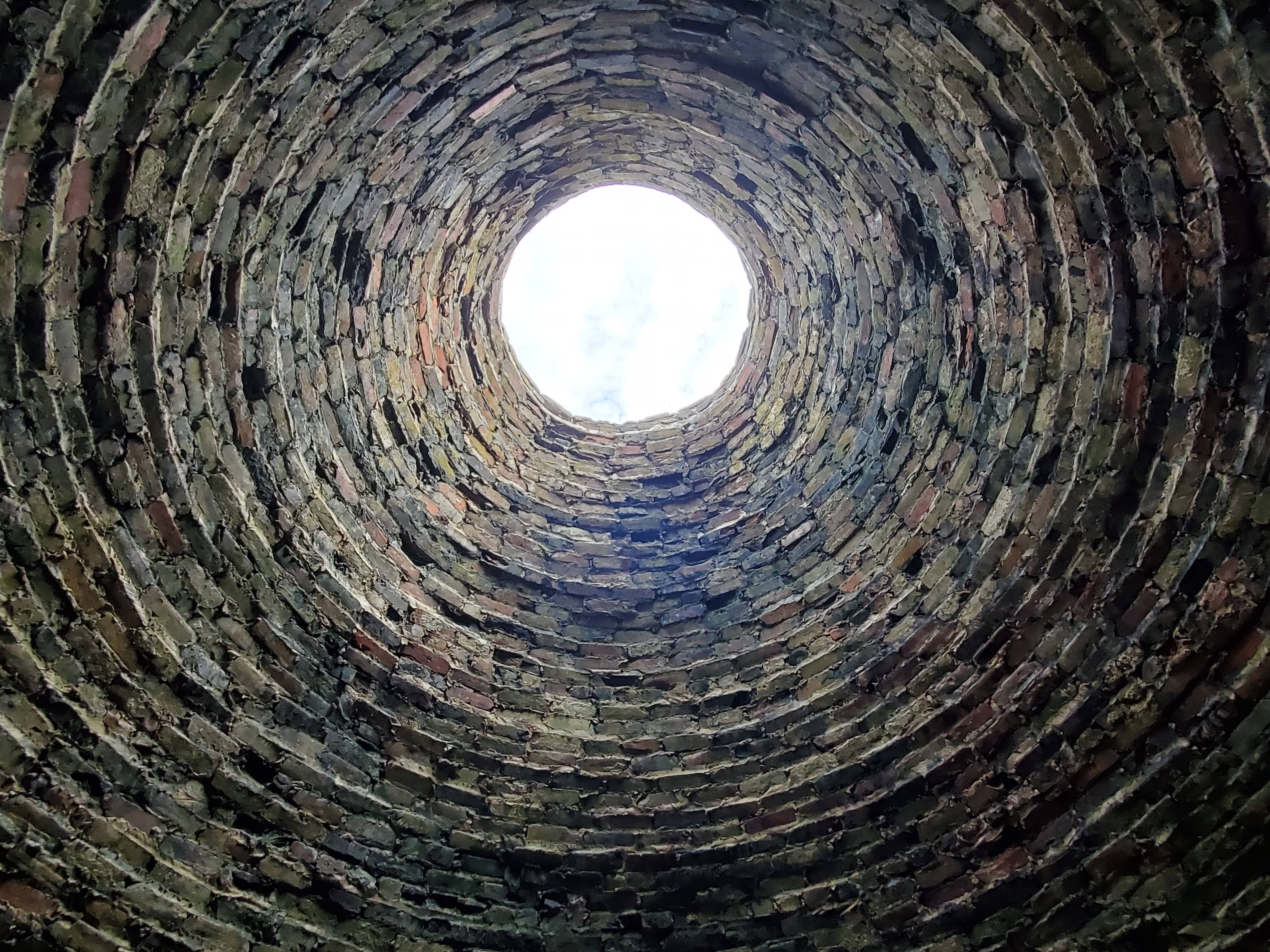 Looking up through the old kiln at Fayette Historic State Park, August