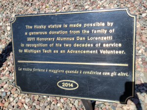 Michigan Tech Husky Statue Houghton Dedication Plaque